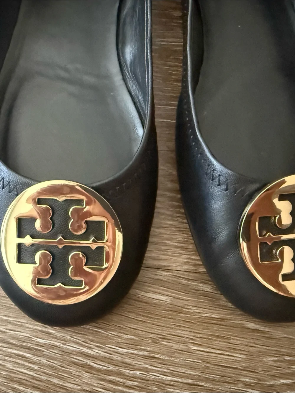 Tory Burch Black Leather Logo Ballet Flats with Gold Emblem